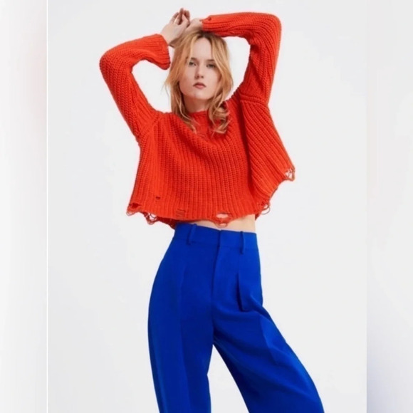 ZARA Orange Crop Torn Destroyed Sweater SMALL Destructed Ripped Long Sleeve Knit - Picture 1 of 15